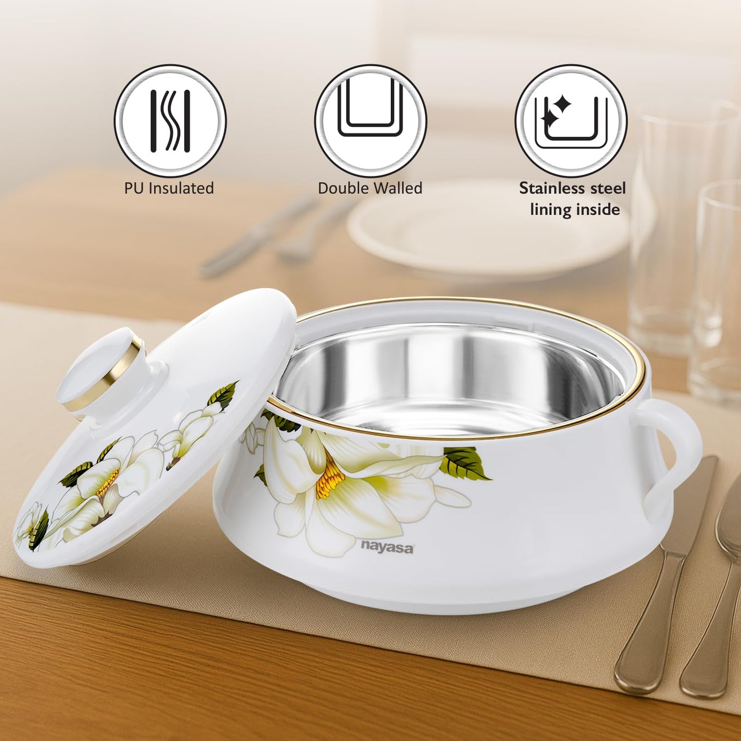 Nayasa Floral Plastic Insulated Casserole Set of 3 (500ml, 1000ml & 1500ml) – White