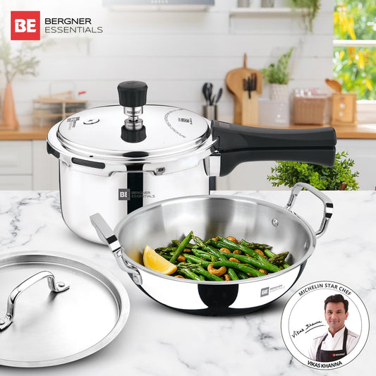Bergner Tripro Triply Cookware Set – 3L Outer Lid Pressure Cooker & 24cm (3L) Kadai with Lid | Induction & Gas Compatible