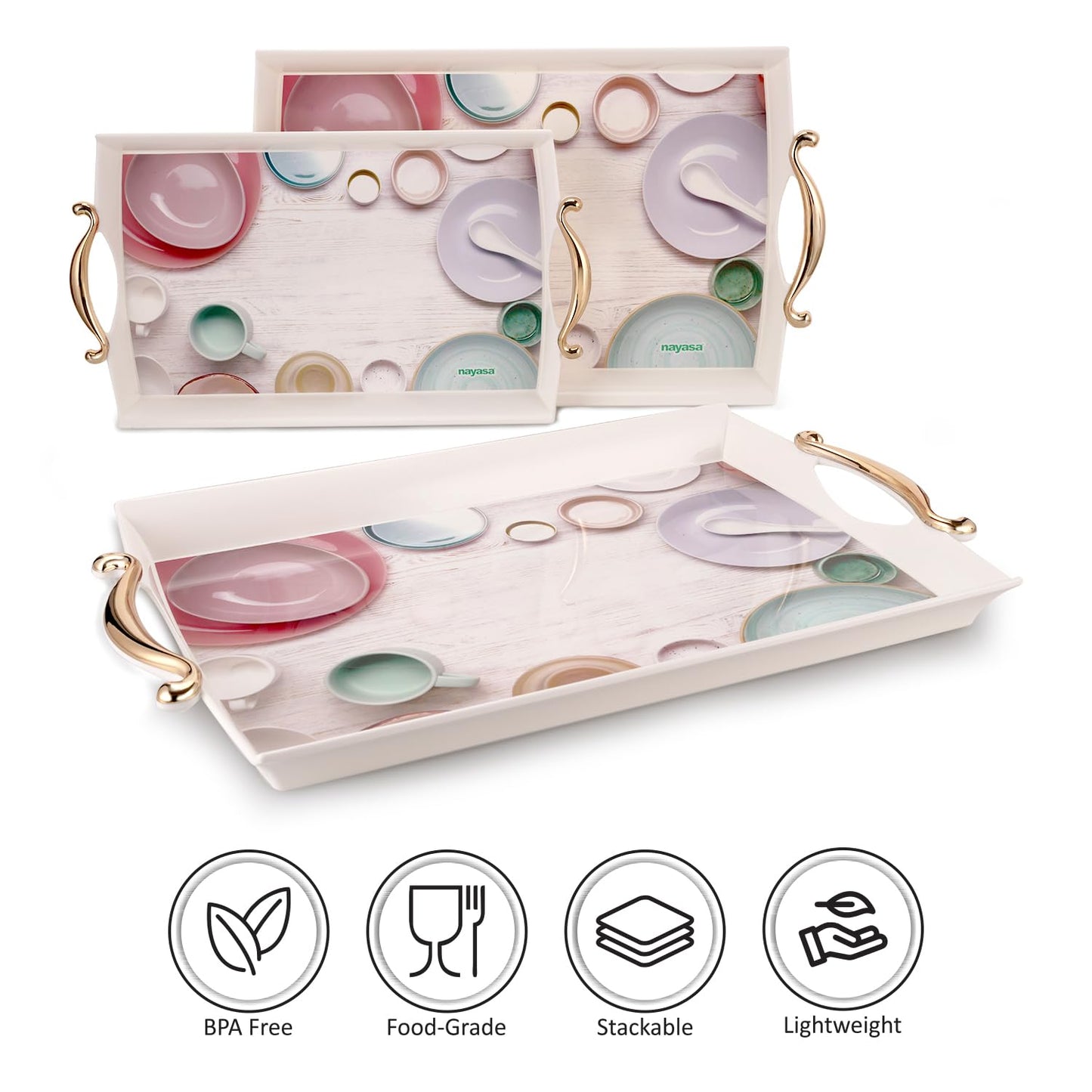 Nayasa Regency Plastic Rectangular Serving Tray Set of 3 (Small, Medium & Big) – Floral Design