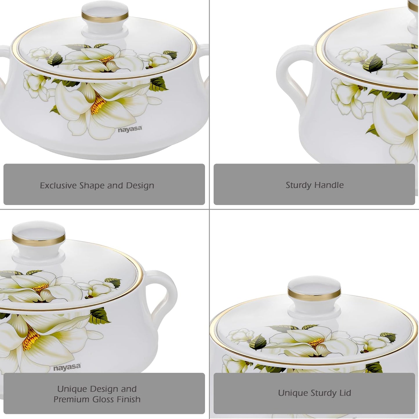 Nayasa Floral Plastic Insulated Casserole Set of 3 (500ml, 1000ml & 1500ml) – White