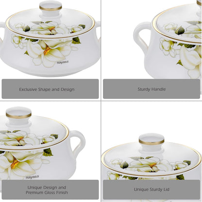 Nayasa Floral Plastic Insulated Casserole Set of 3 (500ml, 1000ml & 1500ml) – White