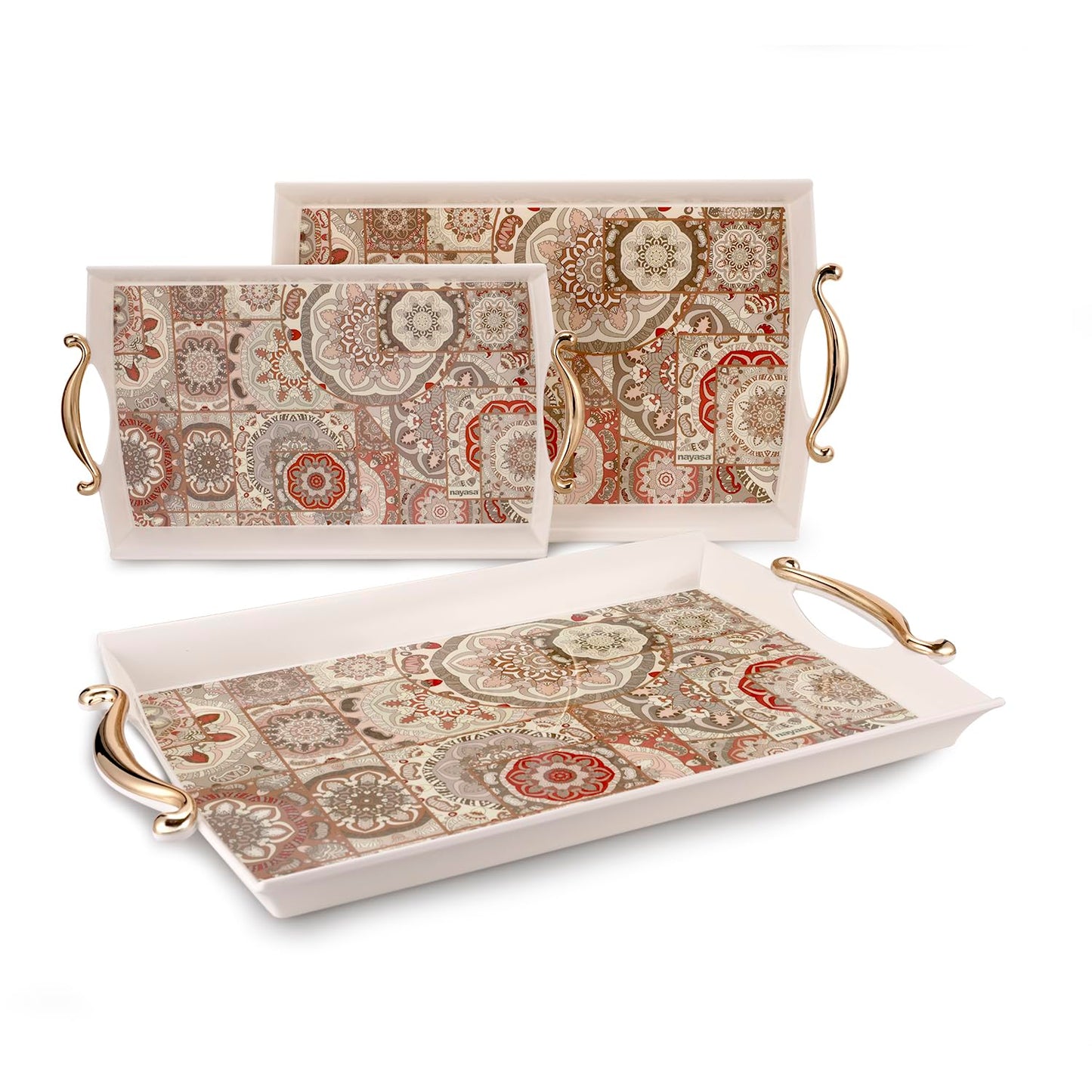 Nayasa Regency Plastic Rectangular Serving Tray Set of 3 (Small, Medium & Big) – Floral Design