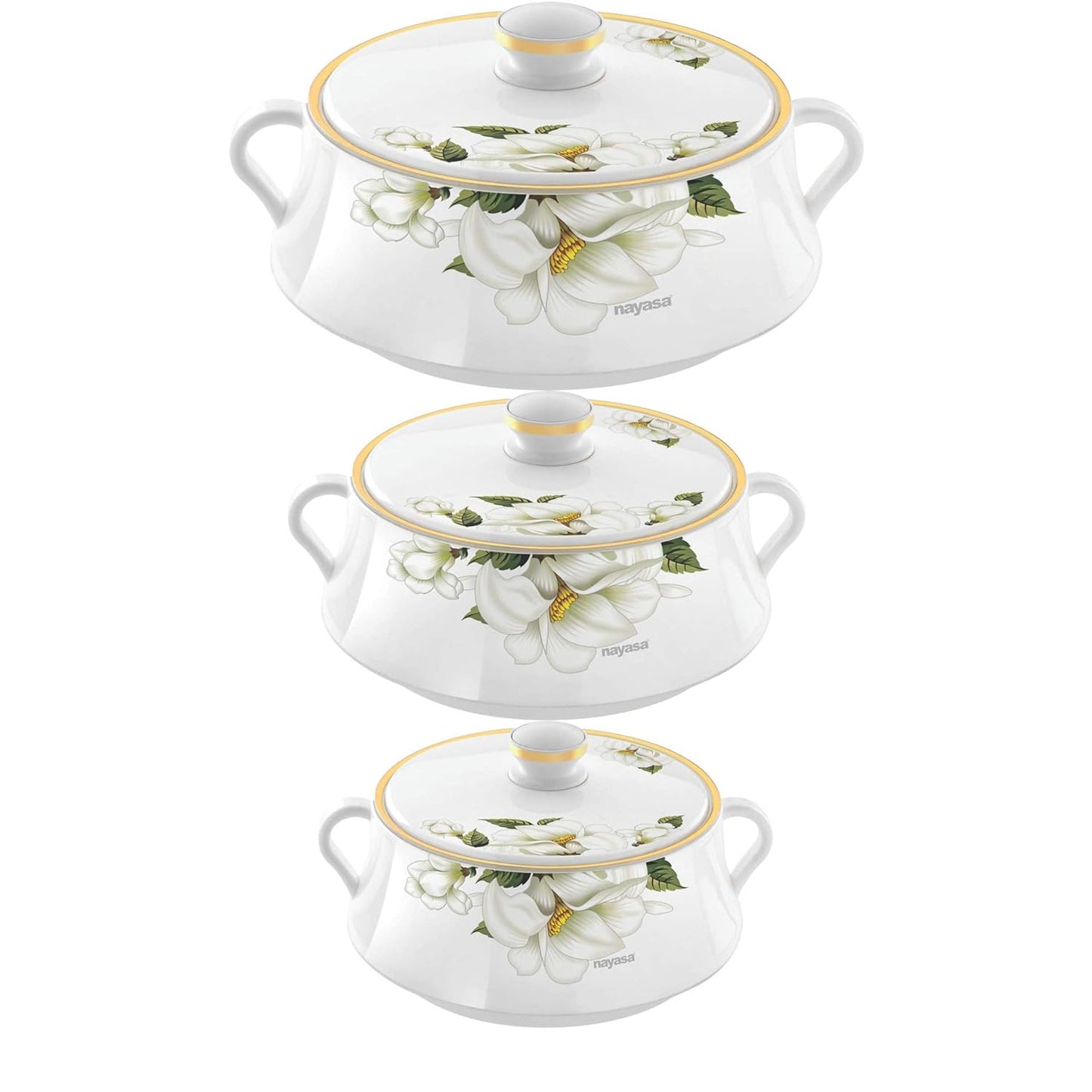 Nayasa Floral Plastic Insulated Casserole Set of 3 (500ml, 1000ml & 1500ml) – White