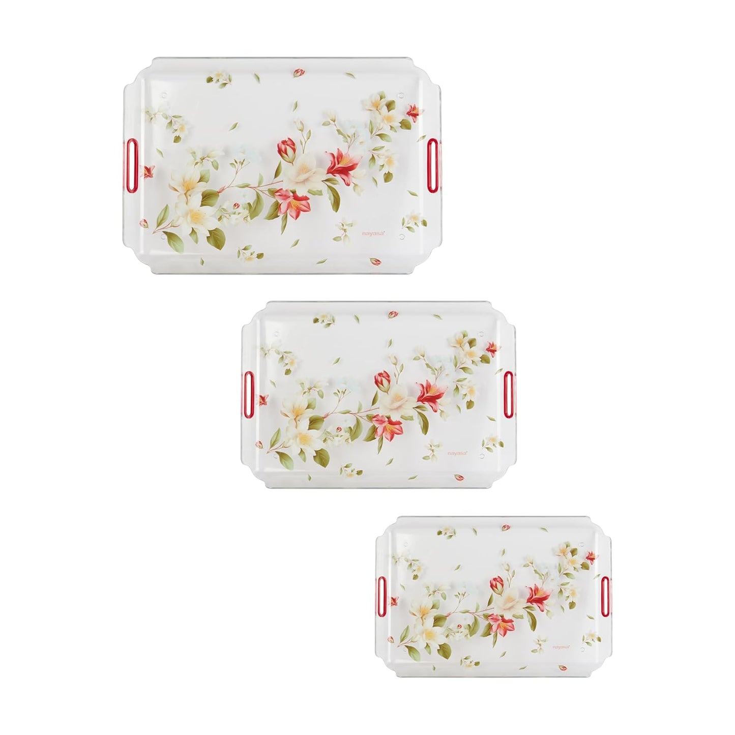 Nayasa Modern Floral Transparent Serving Tray Set of 3 (Small, Medium & Big) – Blue Handle BPA Free Plastic Trays