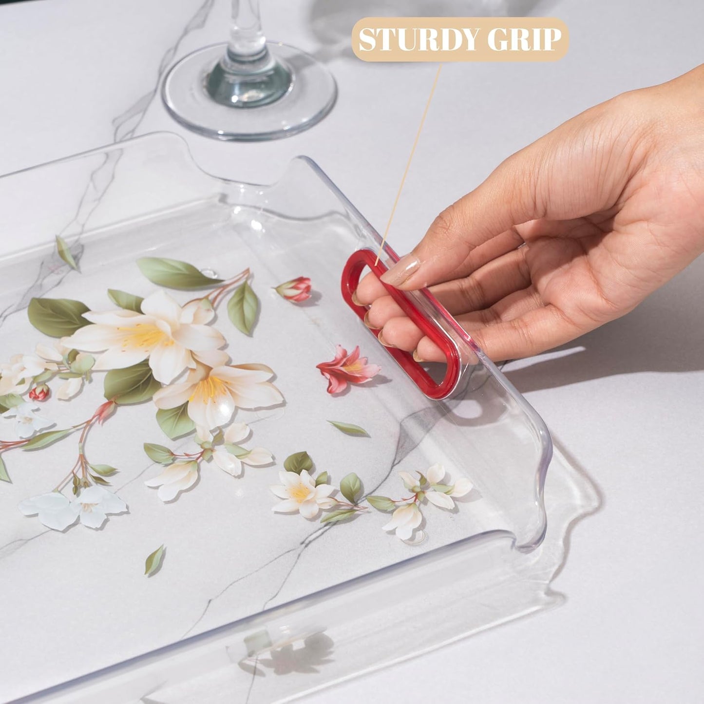 Nayasa Modern Floral Transparent Serving Tray Set of 3 (Small, Medium & Big) – Blue Handle BPA Free Plastic Trays