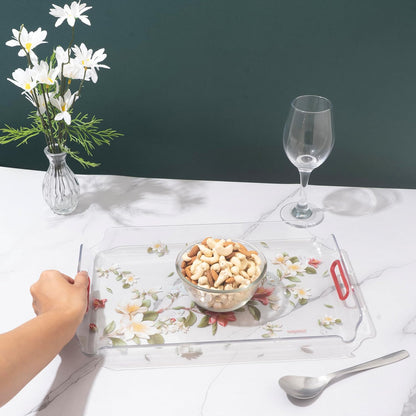 Nayasa Modern Floral Transparent Serving Tray Set of 3 (Small, Medium & Big) – Blue Handle BPA Free Plastic Trays