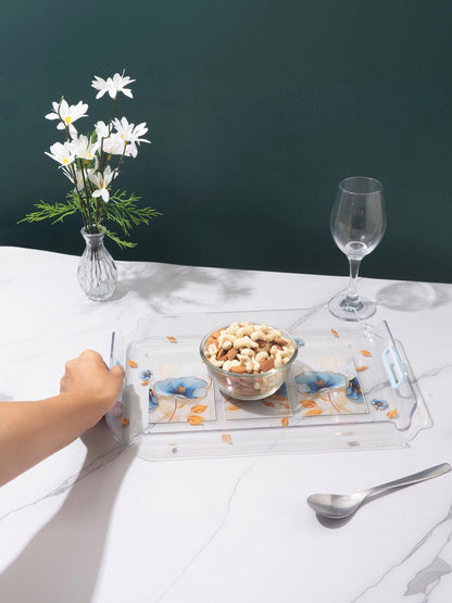 Nayasa Modern Floral Transparent Serving Tray Set of 3 (Small, Medium & Big) – Blue Handle BPA Free Plastic Trays