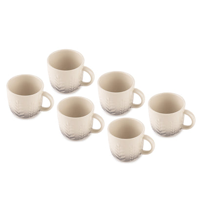 Elegant Grey Ceramic Tea & Coffee Mug Set – 6 Pieces (Leaf Embossed Design)