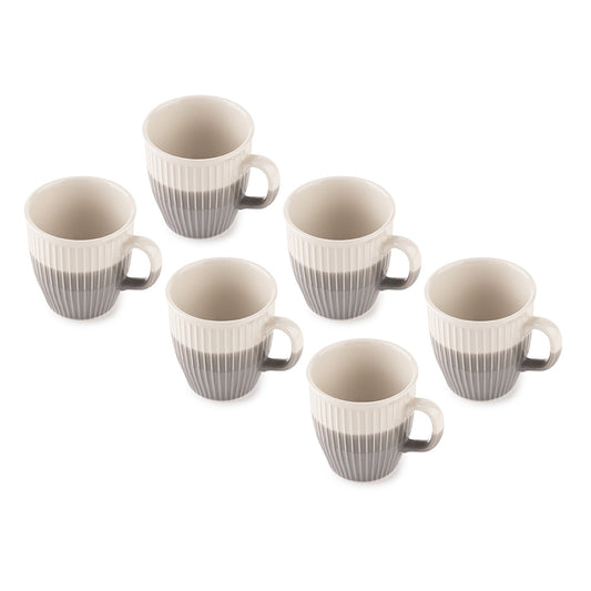 Classic Grey Ceramic Mug Set – 6 Pcs | Elegant Ribbed Design