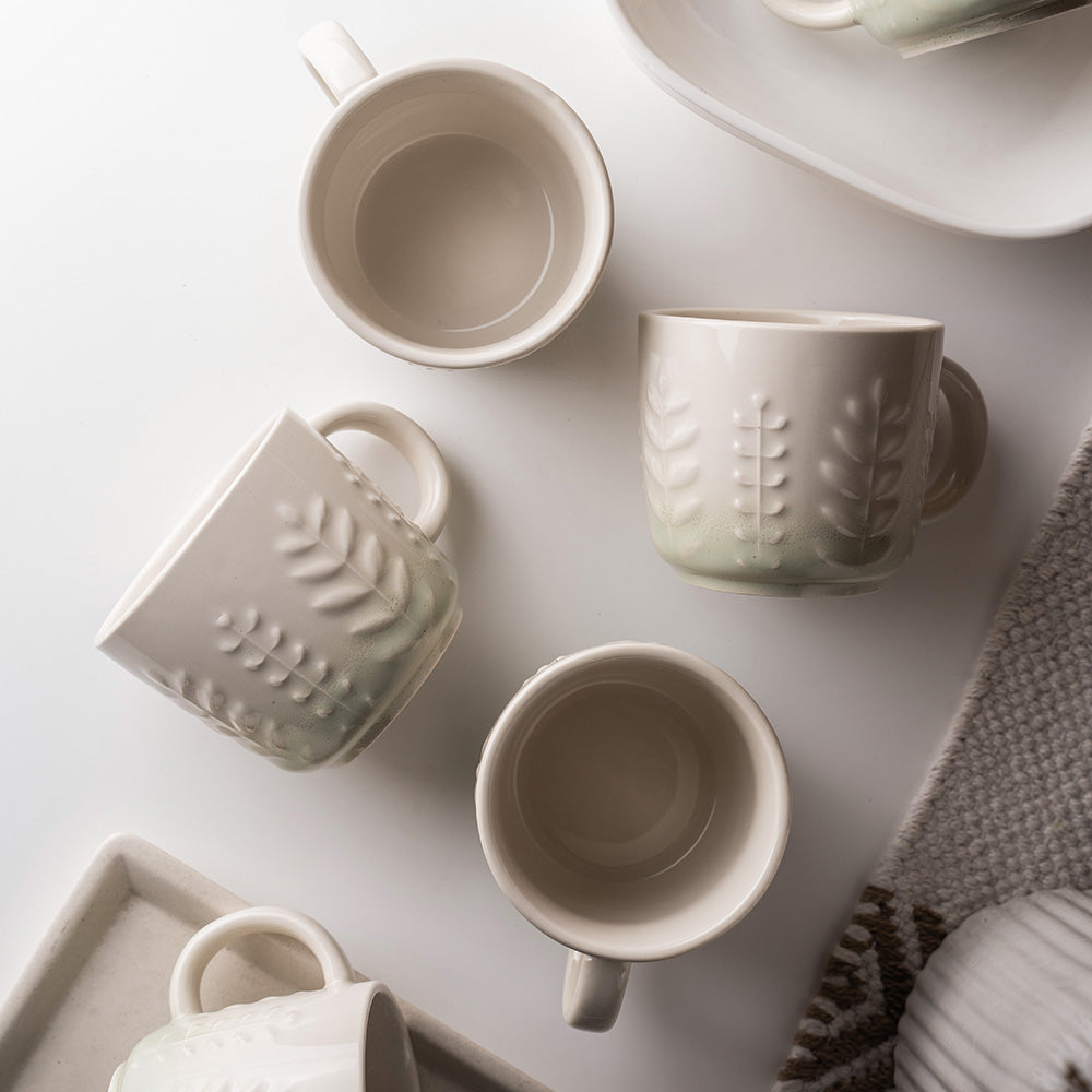 Elegant Ceramic Tea & Coffee Mug Set – 6 Pieces (Leaf Embossed Design)