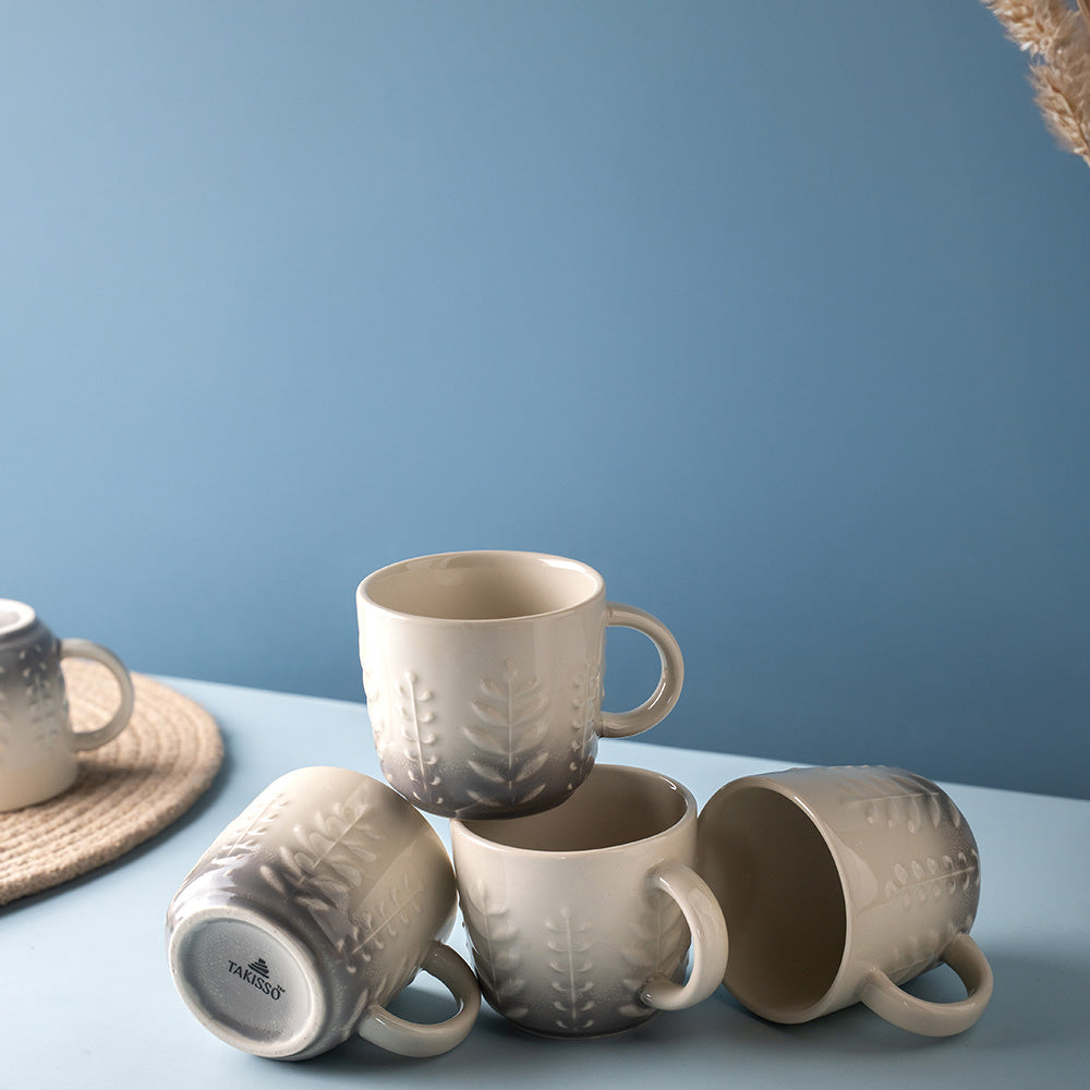 Elegant Grey Ceramic Tea & Coffee Mug Set – 6 Pieces (Leaf Embossed Design)