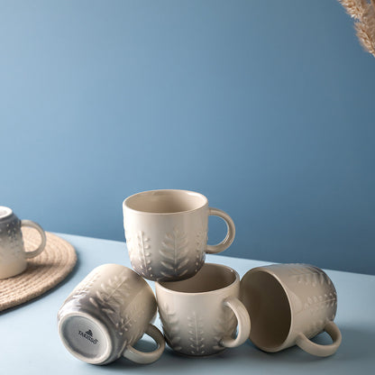 Elegant Grey Ceramic Tea & Coffee Mug Set – 6 Pieces (Leaf Embossed Design)