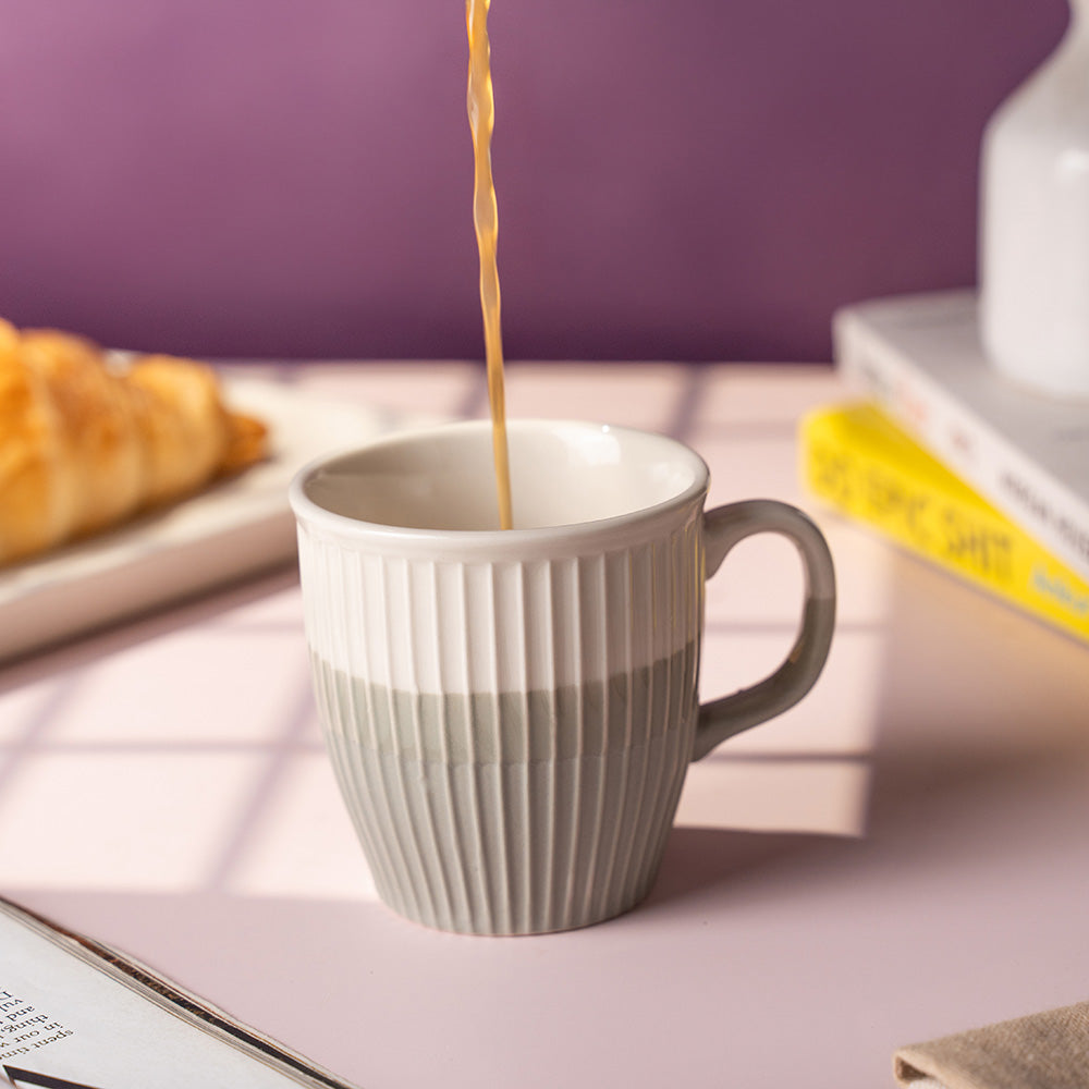 Classic Cream Ceramic Mug Set – 6 Pcs | Elegant Ribbed Design