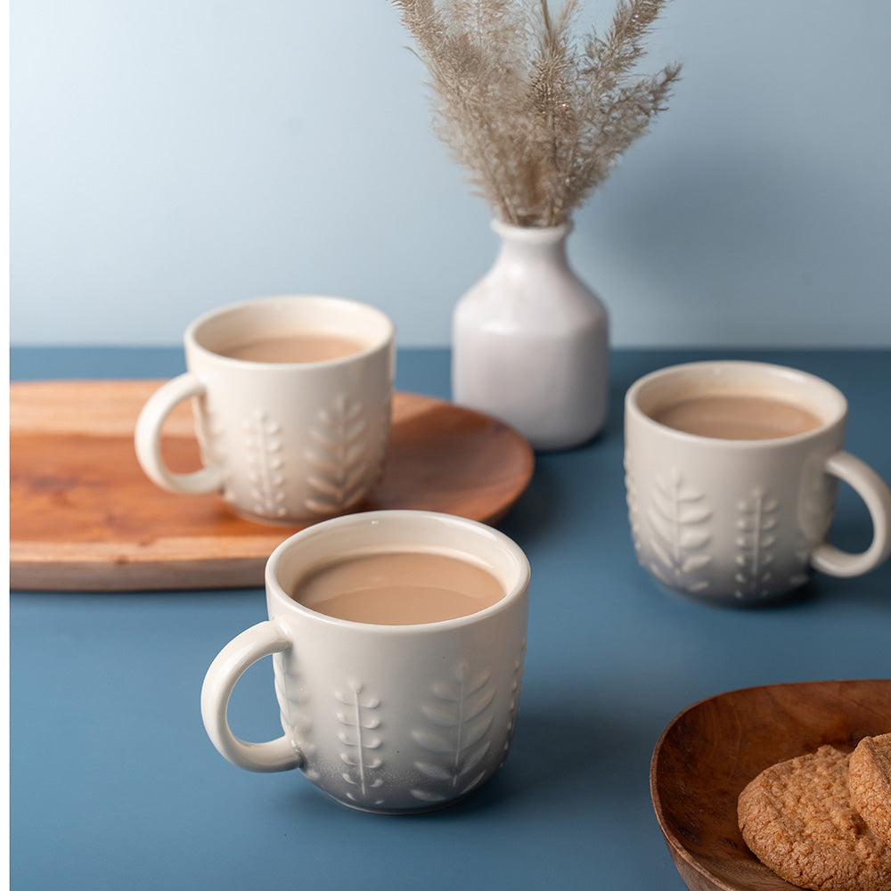Elegant Grey Ceramic Tea & Coffee Mug Set – 6 Pieces (Leaf Embossed Design)