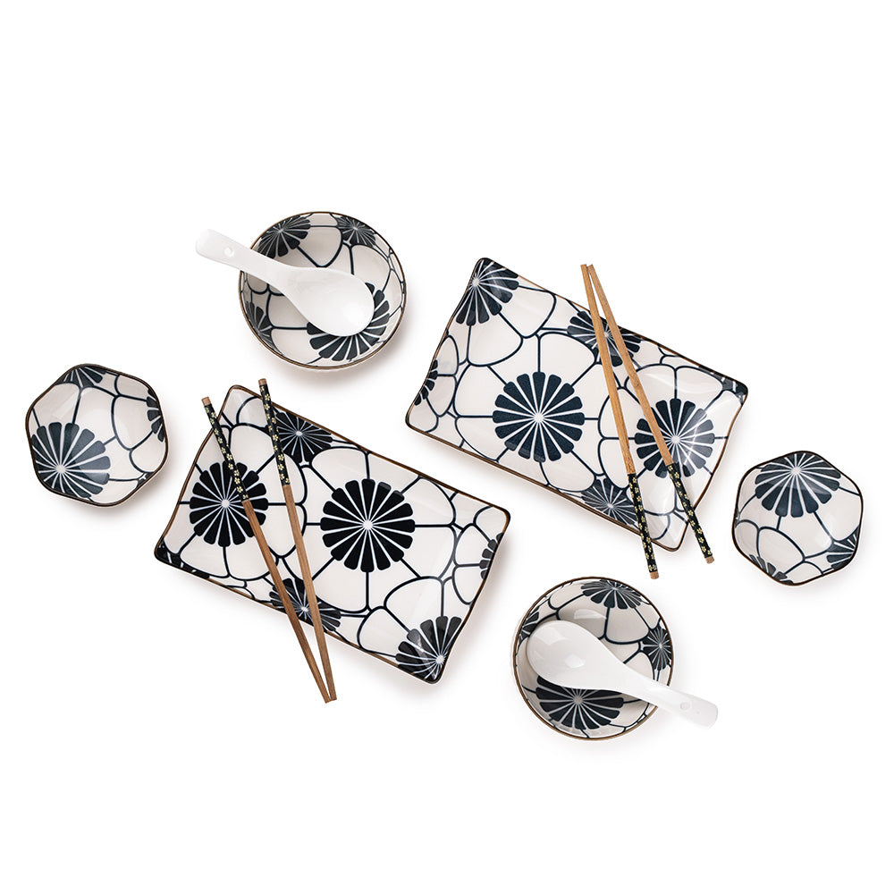 Japanese Style Ceramic Sushi Dinner Set – 2-Person Serving Set with Plates, Bowls, Chopsticks & Spoons