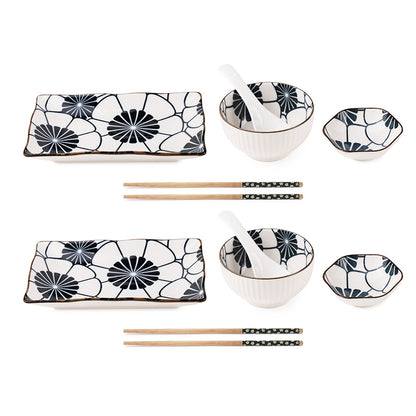 Japanese Style Ceramic Sushi Dinner Set – 2-Person Serving Set with Plates, Bowls, Chopsticks & Spoons