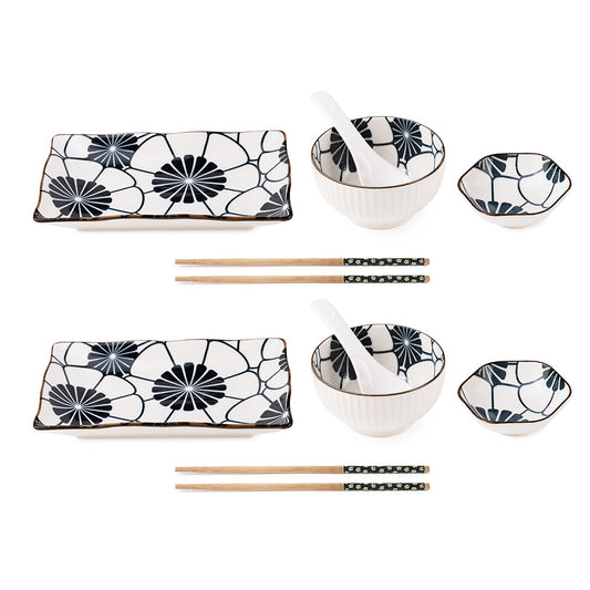 Japanese Style Ceramic Sushi Dinner Set – 2-Person Serving Set with Plates, Bowls, Chopsticks & Spoons