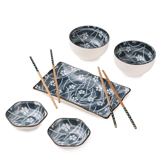 Japanese Style Blue Ceramic Dinner Set – 2-Person Sushi Serving Set with Plates, Bowls & Chopsticks
