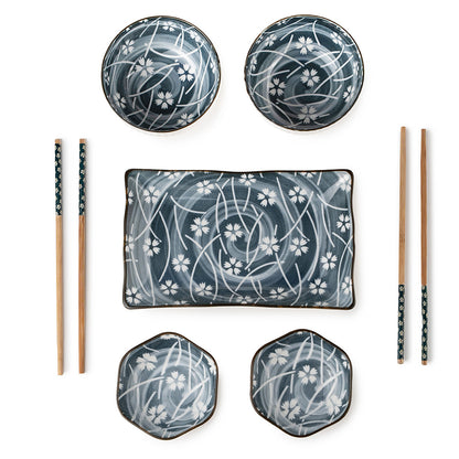 Japanese Style Blue Ceramic Dinner Set – 2-Person Sushi Serving Set with Plates, Bowls & Chopsticks