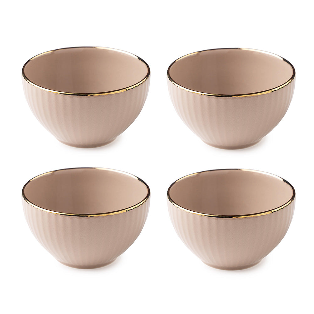 Elegant Beige Ceramic Bowl Set with Golden Rim – 4 Pcs