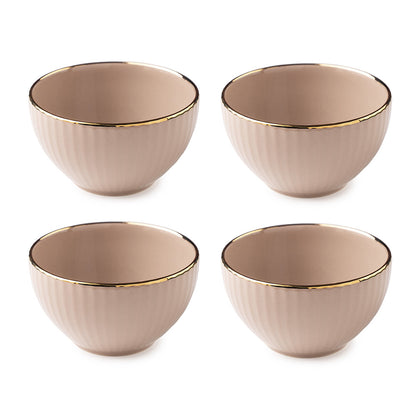 Elegant Beige Ceramic Bowl Set with Golden Rim – 4 Pcs