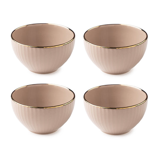 Elegant Beige Ceramic Bowl Set with Golden Rim – 4 Pcs