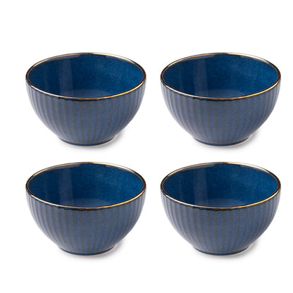 Elegant Blue Ceramic Bowl Set with Golden Rim – 4 Pcs