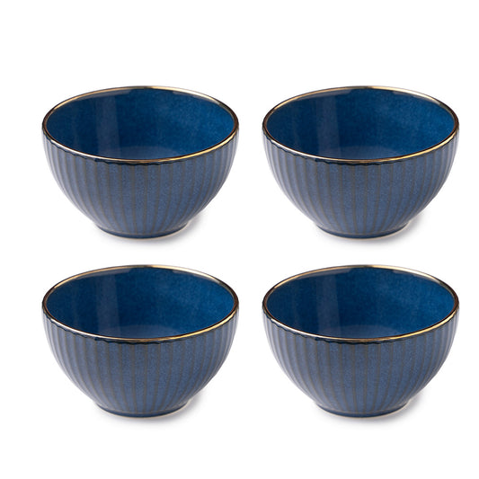 Elegant Blue Ceramic Bowl Set with Golden Rim – 4 Pcs