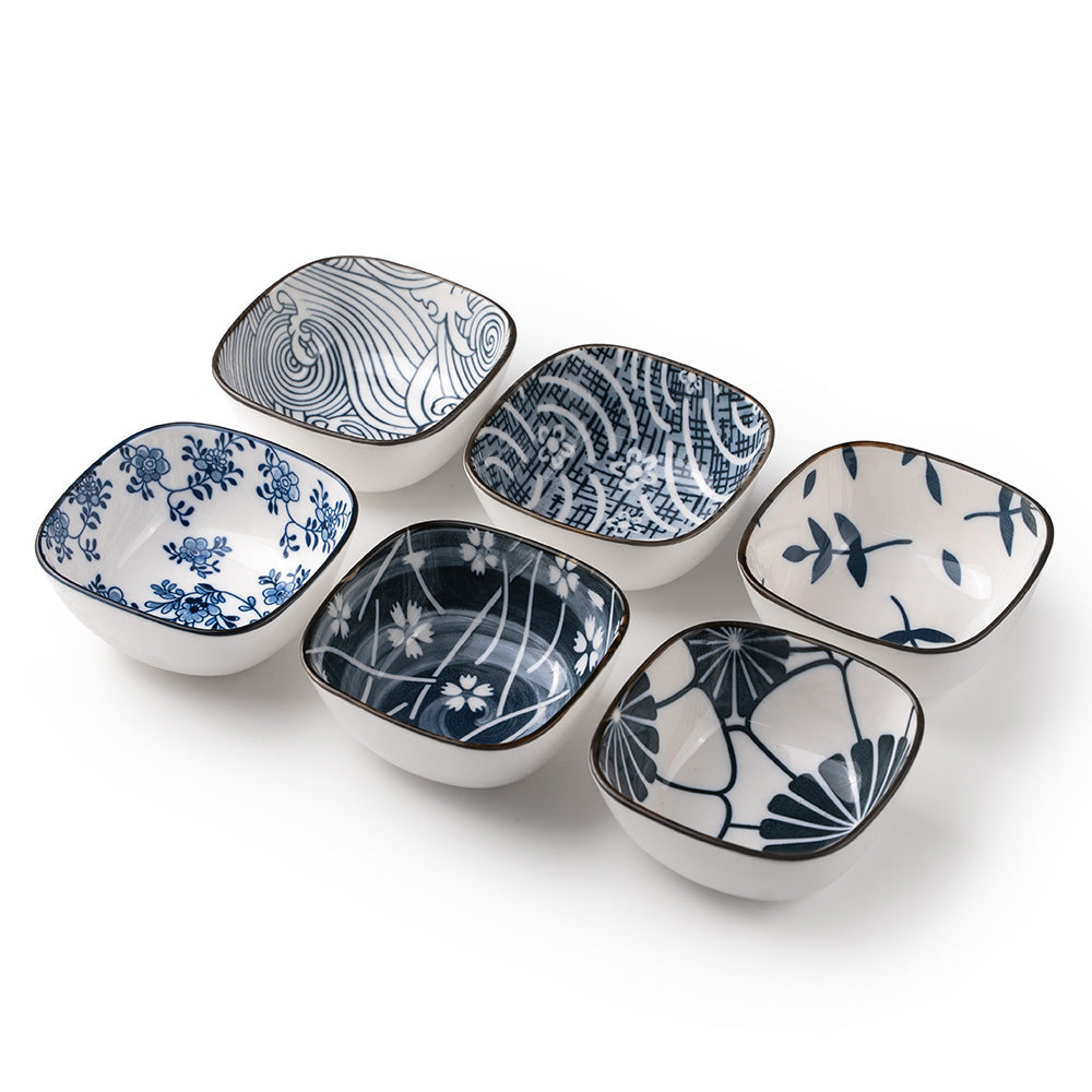 6-Piece Ceramic Bowl Set – Japanese Style Blue & White Printed Serving Bowls