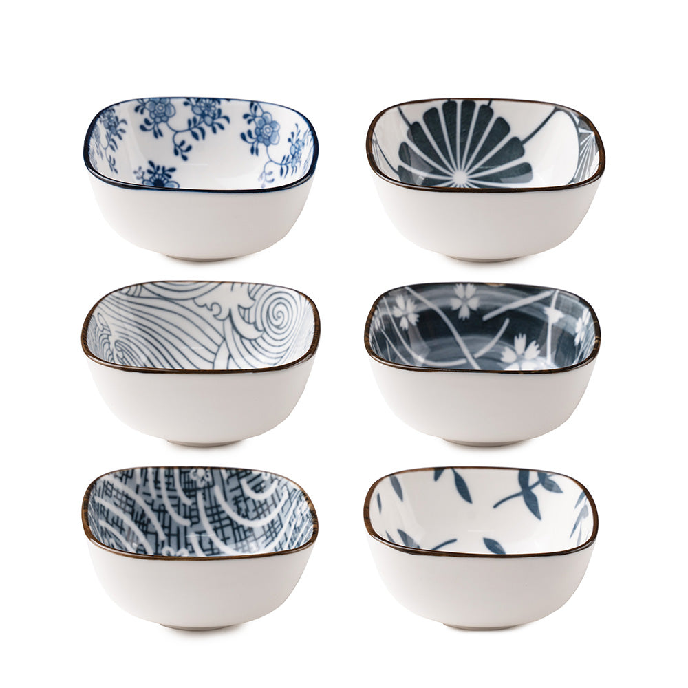 6-Piece Ceramic Bowl Set – Japanese Style Blue & White Printed Serving Bowls