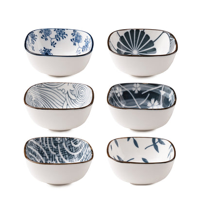 6-Piece Ceramic Bowl Set – Japanese Style Blue & White Printed Serving Bowls