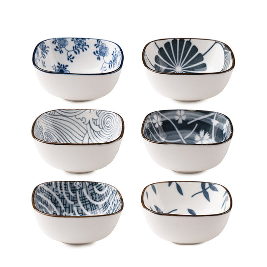 6-Piece Ceramic Bowl Set – Japanese Style Blue & White Printed Serving Bowls