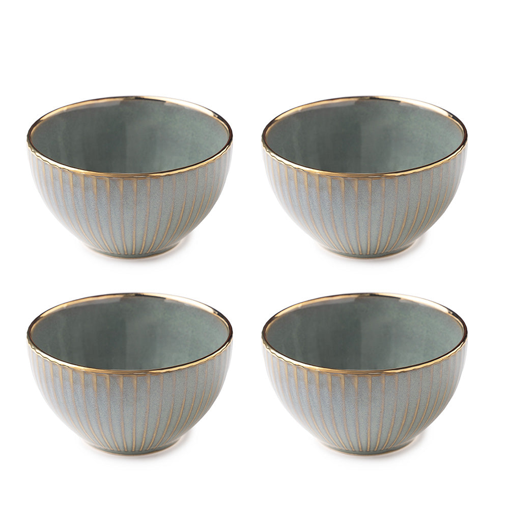 Elegant Green Ceramic Bowl Set with Golden Rim – 4 Pcs
