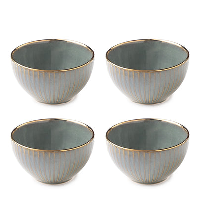 Elegant Green Ceramic Bowl Set with Golden Rim – 4 Pcs