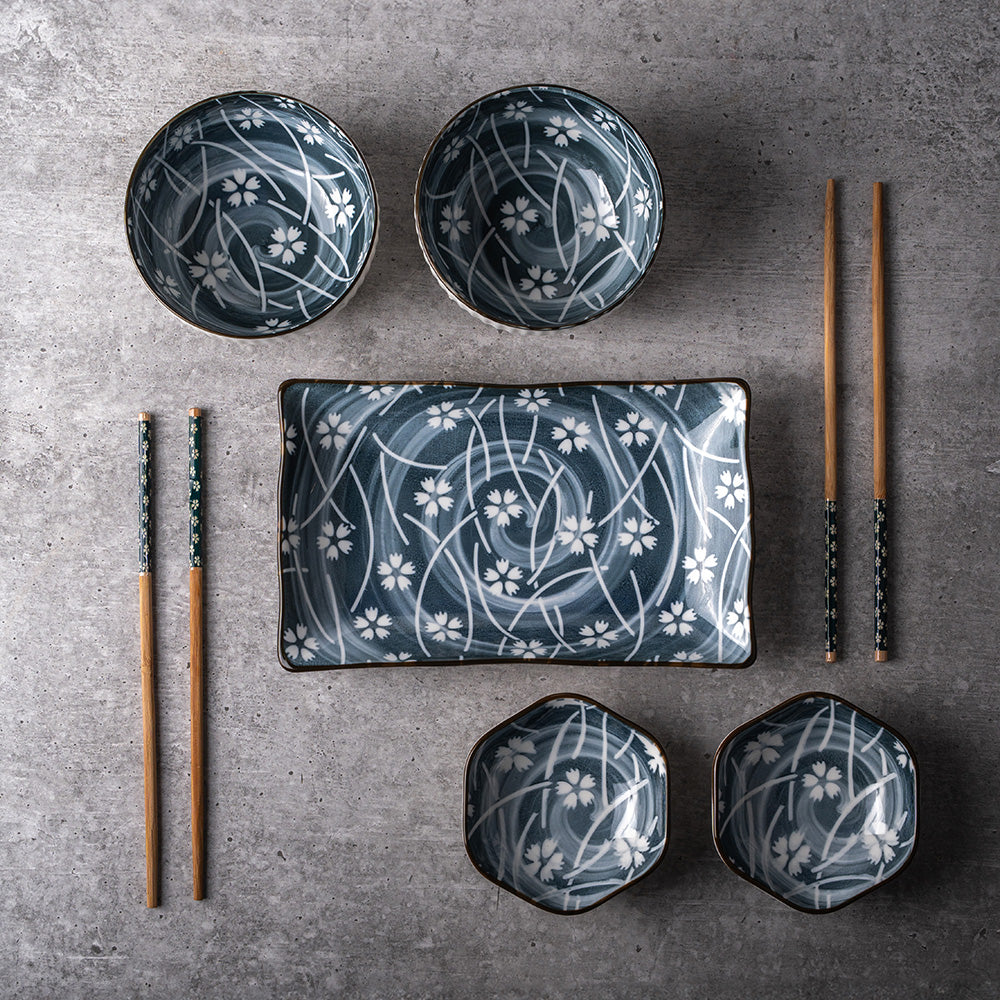 Japanese Style Blue Ceramic Dinner Set – 2-Person Sushi Serving Set with Plates, Bowls & Chopsticks