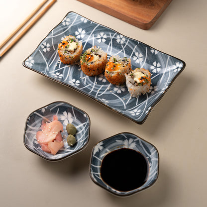 Japanese Style Blue Ceramic Dinner Set – 2-Person Sushi Serving Set with Plates, Bowls & Chopsticks