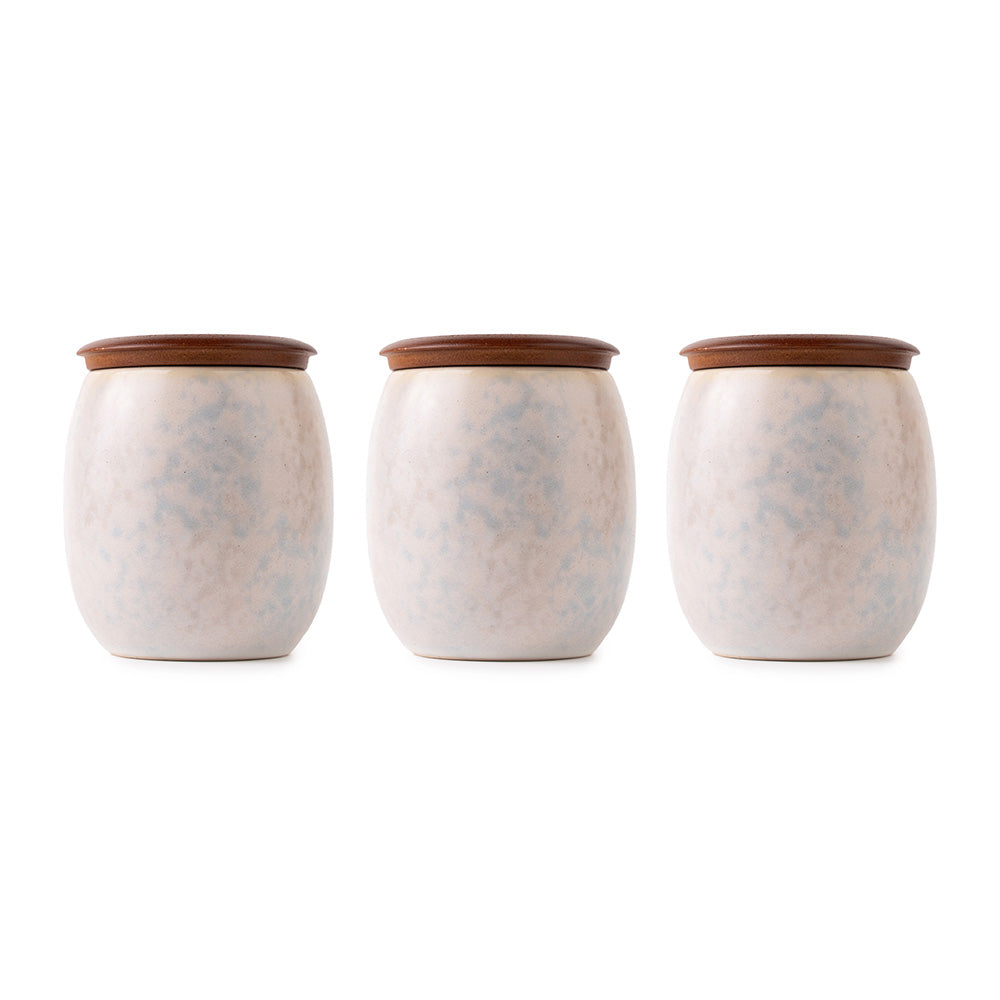 3-Piece Ceramic Storage Jar Set with Wooden Lids – Minimalist Marbel Finish Kitchen Containers