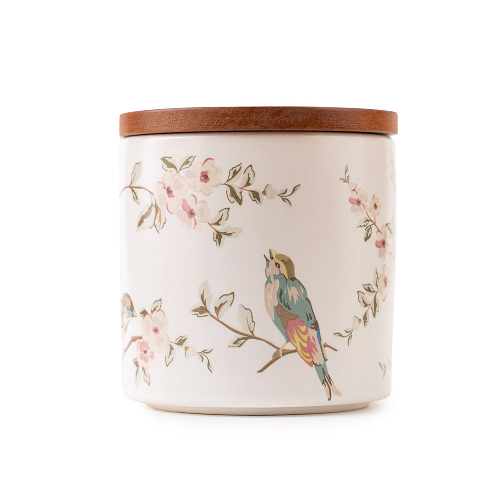 3-Piece Ceramic Storage Jar Set with Wooden Lids – Floral Bird Print Kitchen Containers
