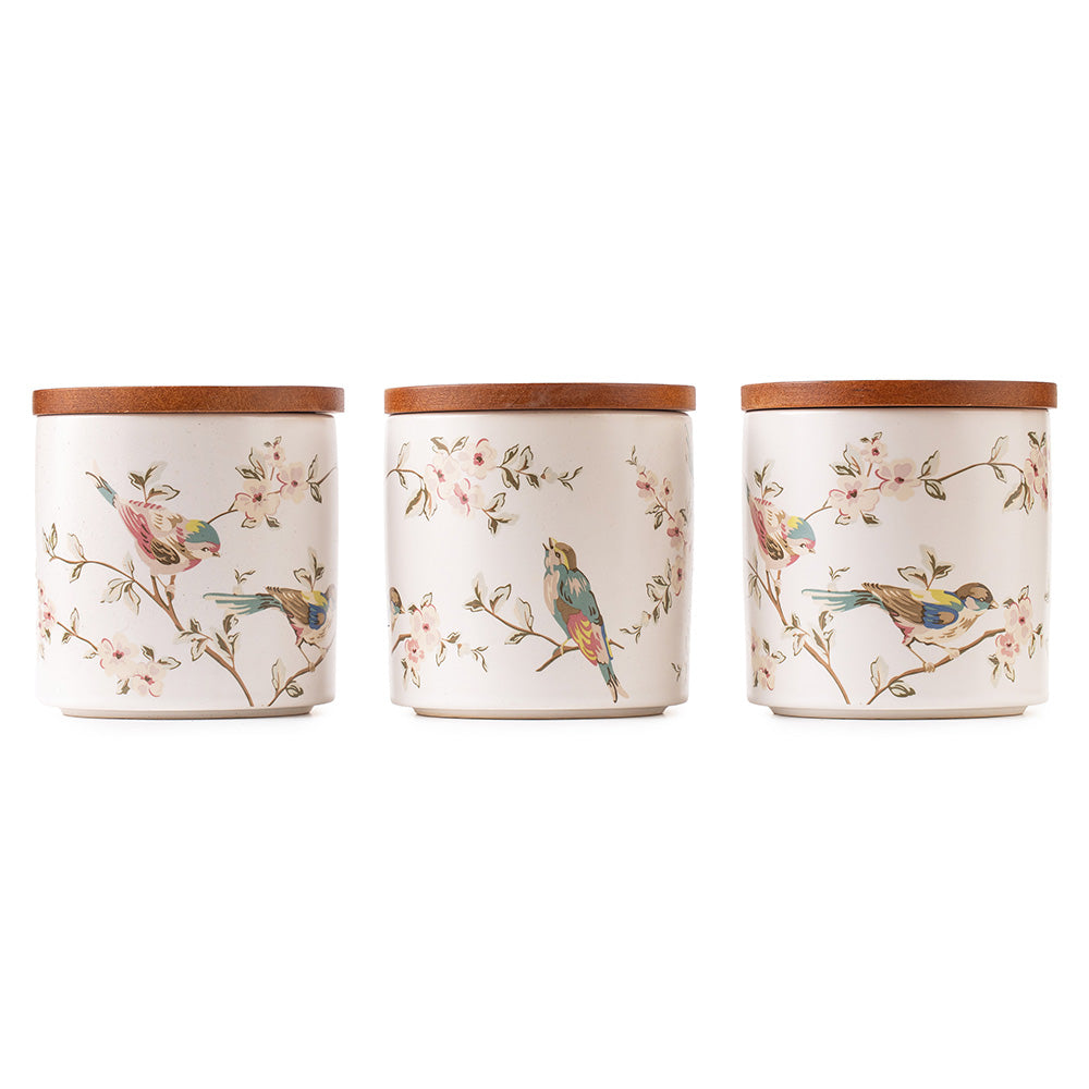 3-Piece Ceramic Storage Jar Set with Wooden Lids – Floral Bird Print Kitchen Containers