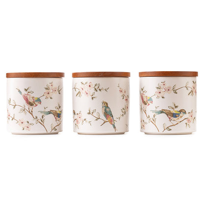3-Piece Ceramic Storage Jar Set with Wooden Lids – Floral Bird Print Kitchen Containers