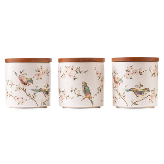 3-Piece Ceramic Storage Jar Set with Wooden Lids – Floral Bird Print Kitchen Containers
