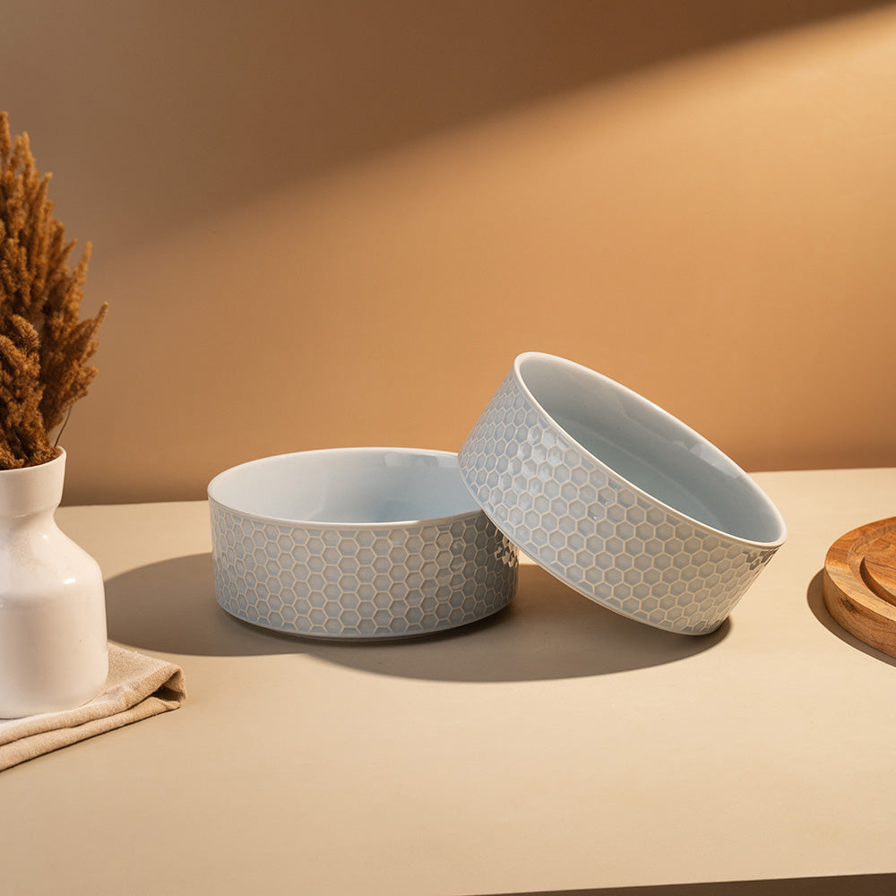 2-Piece Blue Ceramic Bowl Set – Textured Honeycomb Design Serving Bowls
