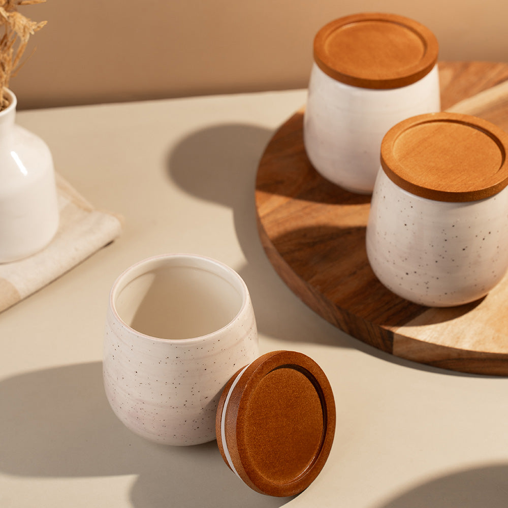 3-Piece Ceramic Storage Jar Set with Wooden Lids – Minimalist Matte Finish Kitchen Containers