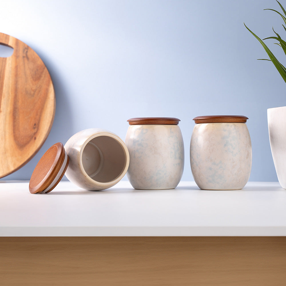 3-Piece Ceramic Storage Jar Set with Wooden Lids – Minimalist Marbel Finish Kitchen Containers