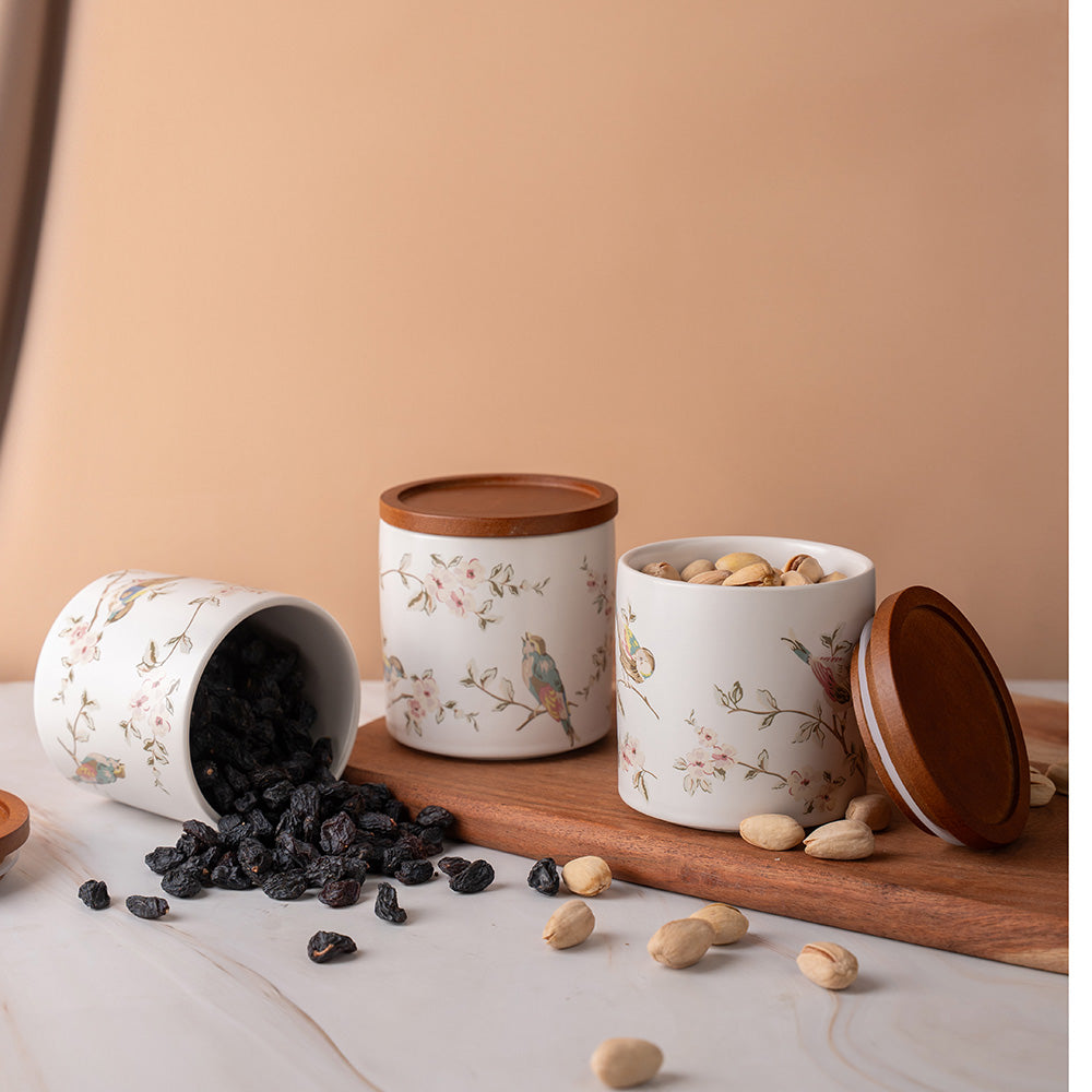 3-Piece Ceramic Storage Jar Set with Wooden Lids – Floral Bird Print Kitchen Containers