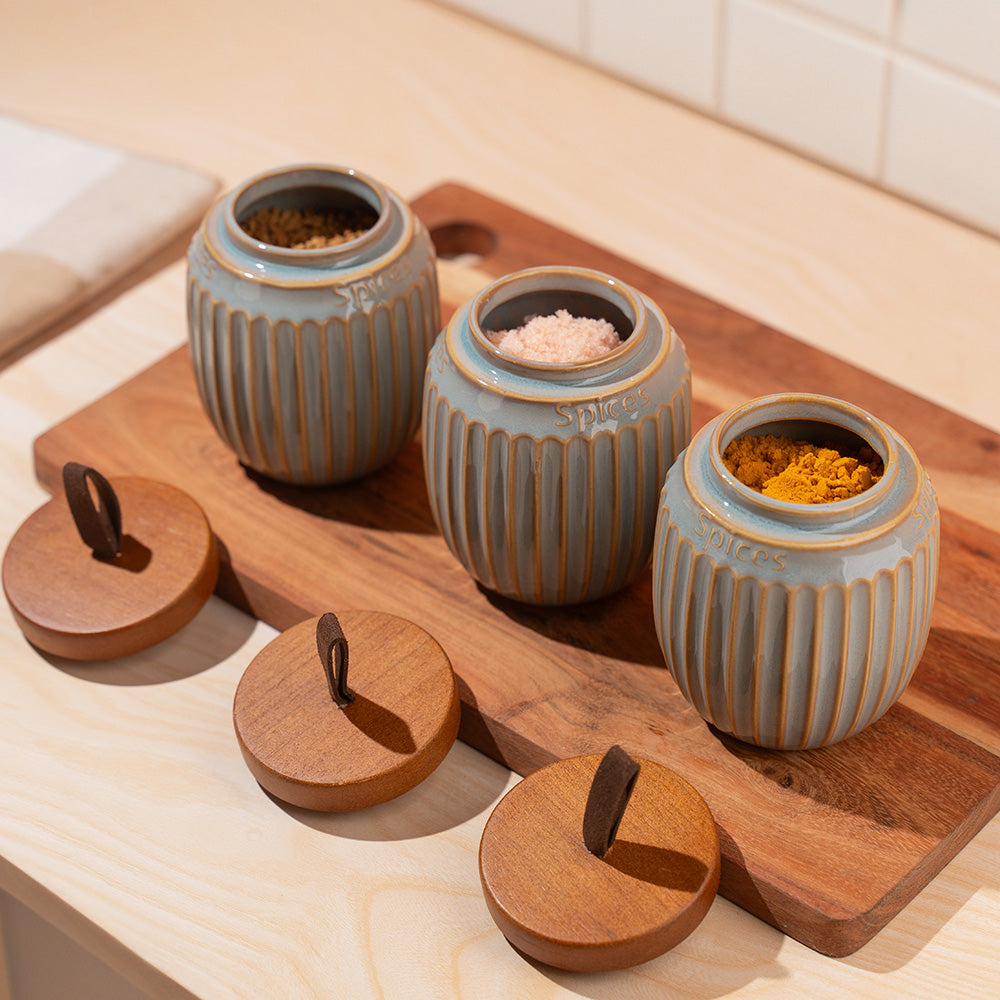 3-Piece Ceramic Spice Jar Set with Wooden Lid – Airtight Kitchen Storage Containers