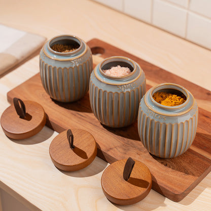 3-Piece Ceramic Spice Jar Set with Wooden Lid – Airtight Kitchen Storage Containers