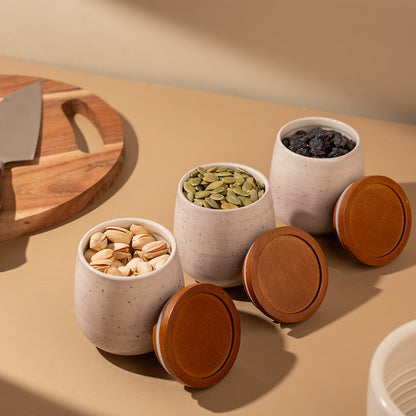 3-Piece Ceramic Storage Jar Set with Wooden Lids – Minimalist Matte Finish Kitchen Containers