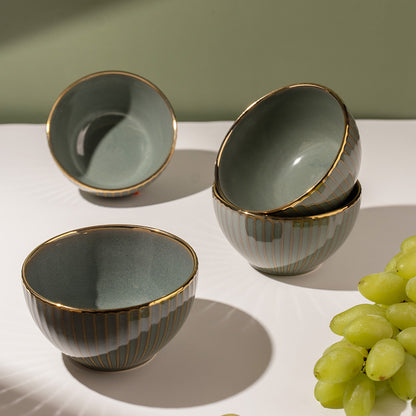 Elegant Green Ceramic Bowl Set with Golden Rim – 4 Pcs