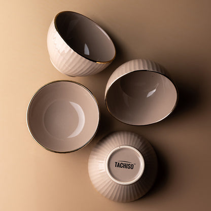 Elegant Beige Ceramic Bowl Set with Golden Rim – 4 Pcs